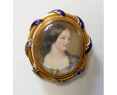 A Victorian oval portrait miniature of a young woman, housed in gold and enamel pendant mount, cover lacking, 5.5cm x 6cm, 47