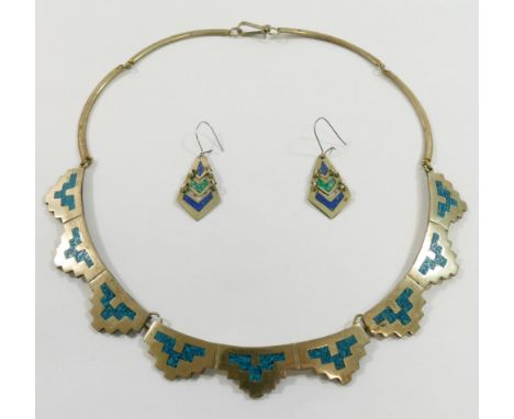A Mexican brooch stamped 'STERLING LEV .925', a Mexican turquoise inlaid Alpaca necklace and pair of earrings, and a Mexican 