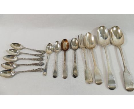 Twelve assorted silver spoons and one silver dessert fork, combined weight 11.25ozt, 350g