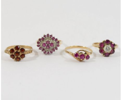 A 9 carat gold ruby and diamond cluster ring, and three other gem-set 9 carat gold rings, combined weight 11.3g gross CONDITI