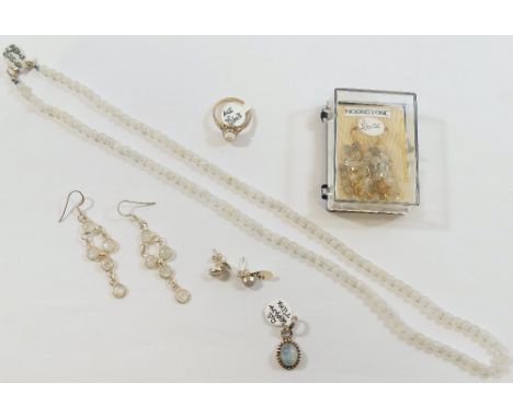 A small selection of moonstone set jewellery comprised of a  bead necklace, a pair of drop earrings, a pair of stud earrings,