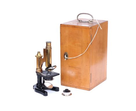 Monocular Brass &amp; Black Enamel Microscope, engraved 'Leitz Wetzlar, No.120619', with triple nosepiece and 2 condensers, i