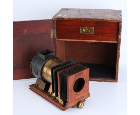 A Miniature Mahogany &amp; Brass Magic Lantern, lacking lenses, in fitted wooden case, AF