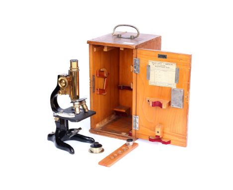 Monocular Brass &amp; Black Enamel Microscope, engraved 'Leitz Wetzlar, No.190010', with triple nosepiece and 2 objectives, s