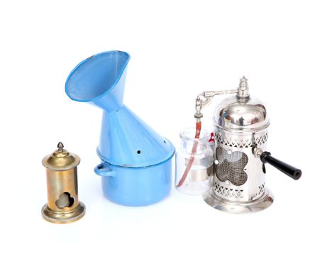 A Lister Type Carbolic Acid Spray, Brass Room Infuser & Enamel Inhaler, spray in nickel-plated brass with water vessel above 