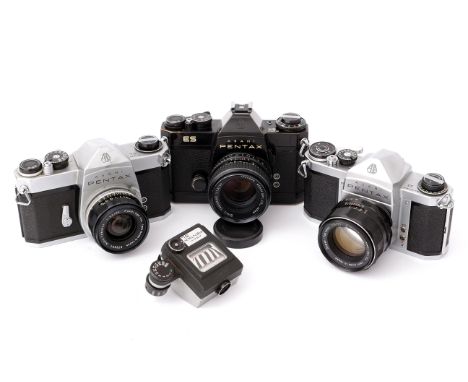 Three Asahi Pentax M42 Mount SLR Cameras, including ES, with Takumar f/1.8 55mm lens, SL, with Auto-Takumar f/3.5 35mm lens a