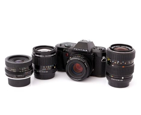 A Pentax P30 SLR Camera, with Pentax-A f/1.7 50mm lens, together with Pentax-A f/2.8 100mm, Pentax-M Zoom f/2.8-4 40-80mm and