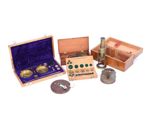 Various Weights & Measures, 2 cased sets scales with weights, 1 set weights, together with cased brass microscope etc (6)