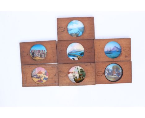Seven Hand Painted Magic Lantern Slides of Japan, in wooden frames, stamped Newton &amp; Co, Opticians, 3 Fleet Street, Londo