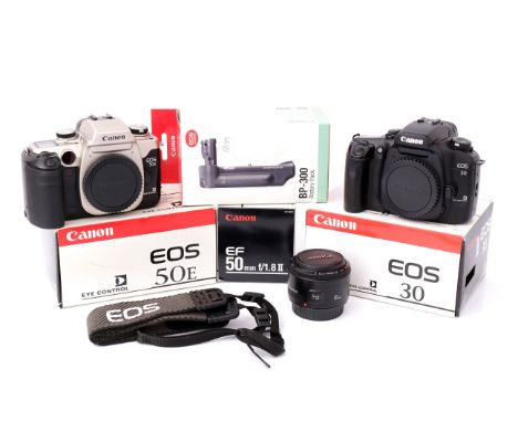 A Canon EOS 30 SLR Body, together with a EOS 50E body, EF Mk.II f/1.8 50mm lens and BP-300 battery pack, all in maker's boxes