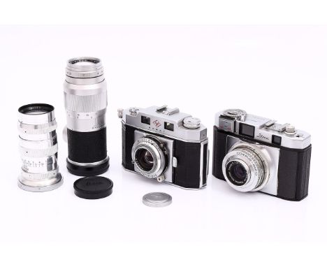 An Agfa Karat Rangefinder Camera, together with an Iloca Rapid IIL, Leitz Elmar f/4 135mm and Jupiter-11 f/4 135mm lenses (4)