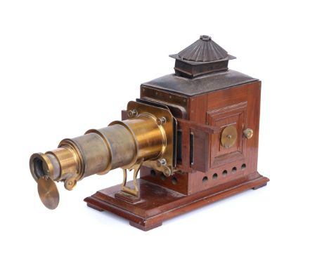 A Mahogany & Brass Magic Lantern,  complete with lamp and slide holder