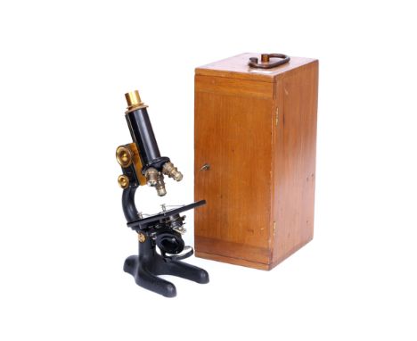Monocular Brass &amp; Black Enamel Microscope, stamped to body 'Bausch &amp; Lomb Co, Rochester N.Y.', with single drawer tub