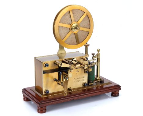 Brass Clockwork Telegraph Machine, engraved to the front 'F. VAN HULLE BRUXELLES' with clock work mechanism with adjustments,