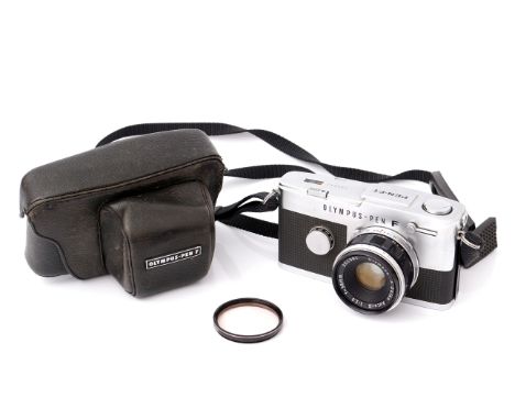 An Olympus Pen F Half Frame Camera, with F.Zuiko f/1.8 38mm lens, in makers case