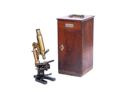 Brass &amp; Black Enamel Microscope, engraved 'Carl Zeiss Jena', with single Drawer tube, triple nosepiece, 2 objectives, foc