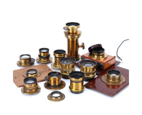 Thirteen Brass Lenses, collection of 13 lenses including; Ensign Telephoto Lens with a R &amp; J Beck 5in RR, Beck Symmetrica