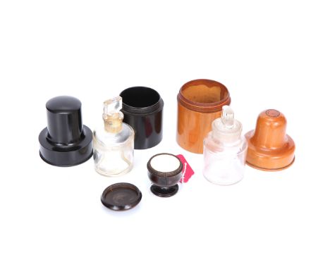 A Finely Turned Rosewood Ointment Pot, together with two cased medicine bottles, medicine pot with ceramic interior and threa