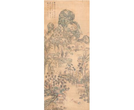 Five Chinese Painted Hanging Scrolls, one scroll a copy of Wen Zhengming painting with an Ex-Christie's lot number, together 