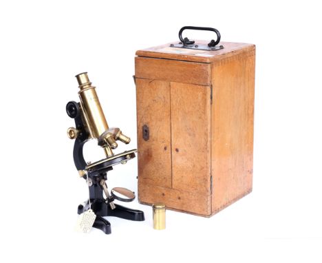 Monocular Brass & Black Enamel Microscope, engraved 'F Koristka, Milano, 35497', with single eyepiece and 3 objectives, rack 