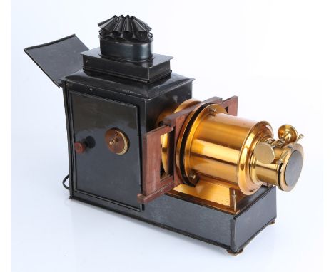 A Brass &amp; Tin Magic Lantern, electrical conversion, in maker's metal case