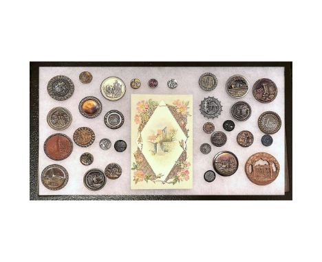 32 S/M/L 19th/20th century assorted Architectural buttons.Issued: DIVISION 1=PRE 1918 AND DIVISION 3 IS AFTER 1918Dimensions: