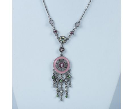 Cute necklace with frosted clear, green, and pink rhinestones and enamel. It measures approximately 18.5"L, but can be adjust