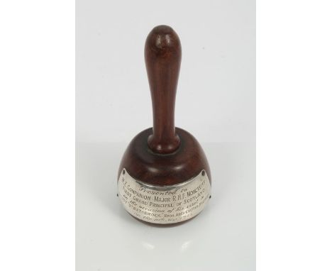 Rosewood presentation gavel, with turned wood handle and applied white metal plaque 'presented to M E Companion Major RHF Mon