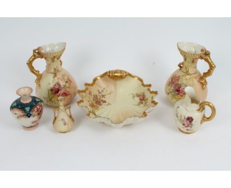 Collection of Royal Worcester blush ivory ground porcelain, to include floral decorated vases with tree root handles, model n