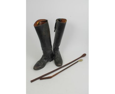 Pair black leather hunting boots, hunting whip with plated top and a leather covered swagger stick