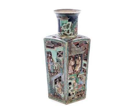 Good quality 19th century Chinese famille noire vase of tapering diamond form, with moulded and reticulated figure, building 