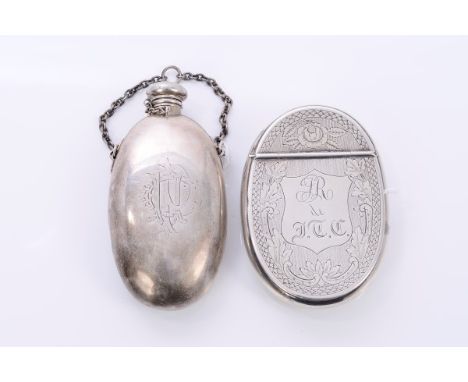 Continental 19th century white metal tobacco box of oval form, with engraved wheat-ear and floral decoration and engraved pre