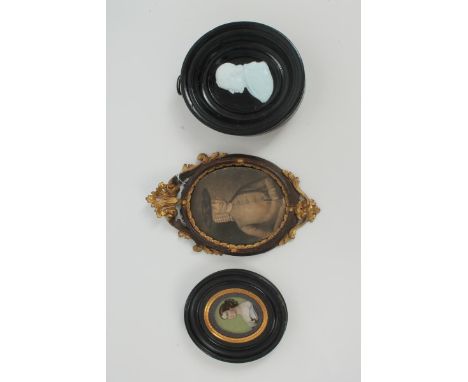 19th century cameo glass miniature portrait of Pope Pius IX (1792 - 1878), 5.2cm high, oval in ebonised frame, together with 