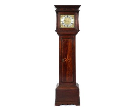 18th century longcase clock with thirty hour movement striking on a bell, eleven inch square dial with crown and cherub spand