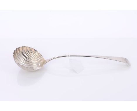 Georgian silver Old English pattern soup ladle with shell bowl and engraved armorial crest (marks distorted).  All at approxi