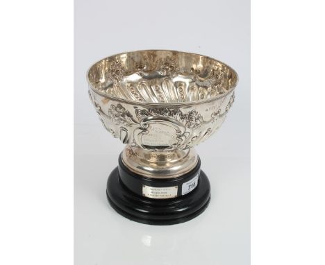 Edwardian silver rose bowl with embossed floral scroll and fluted borders, engraved 'N & T Hunt Races 1957, Presented By Gold