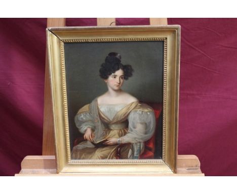 Late 19th century Continental School oil on board - portrait of a seated lady in gold dress, in gilt frame, 31cm x 24cm, toge