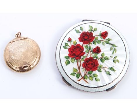 Gold (9ct) pendant compact with engine turned decoration, together with a silver guilloche enamel powder compact, decorated w