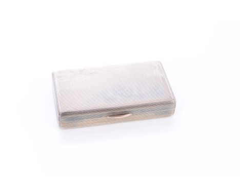 Contemporary silver snuff box of rectangular form, with engine-turned decoration, flush hinged cover, gold thumb piece and gi