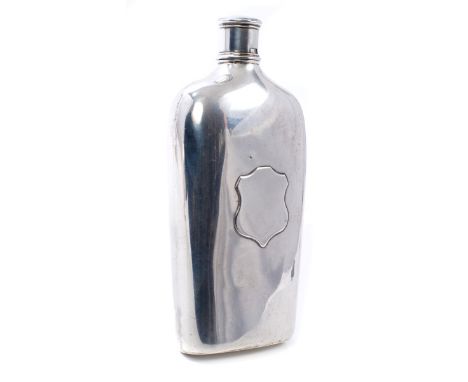 George III silver spirit flask of slender shaped form, with applied cartouche and unusual separate bayonet fitting cover (Lon