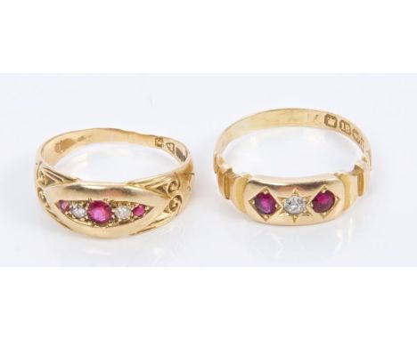 Victorian gold (18ct) ruby and diamond three stone ring (Birmingham 1894).  Ring size P½ and an Edwardian gold (18ct) ruby an