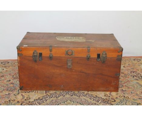 Antique camphor wood trunk with brass-capped corners and brass fittings, 106cm wide x 50cm high x 57cm deep
