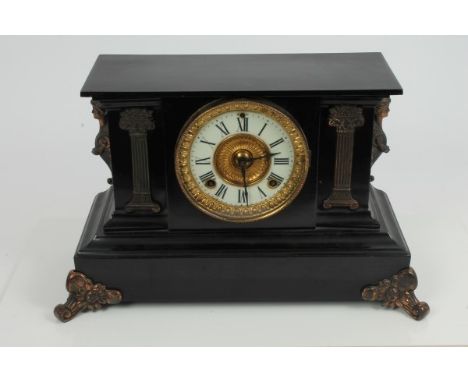 Late 19th century mantel clock with spring-driven movement striking on a gong, gilt metal dial with enamel chapter ring and R