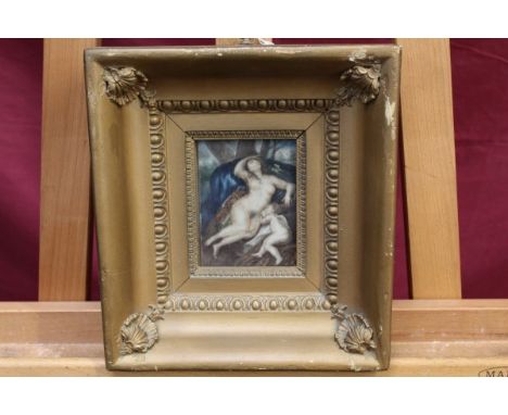 19th century portrait miniature on ivory - female nude and putto among woodland, in deep gilt frame, 10.5cm x 8cm