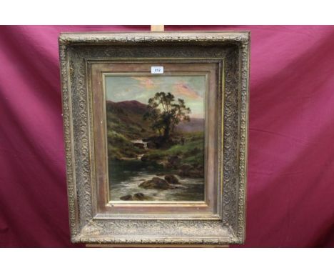 Robert Gallon (1845 - 1925), oil on canvas - hilly river landscape with an angler by a tree, signed, in gilt frame, 42cm x 32