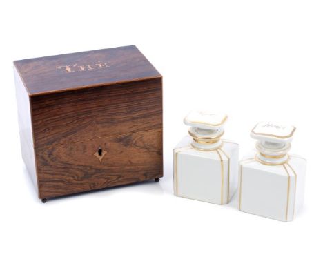 19th century French rosewood and boxwood strung tea caddy, the box inlaid with 'Thé' to the hinged cover enclosing fitted int