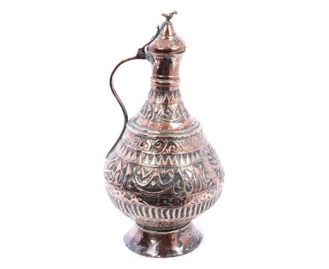 Substantial Islamic silvered copper ewer of swollen baluster form with flared foot, S-form handle, with hinged cover with bir