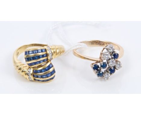 Gold (18ct) sapphire and diamond torque-style crossover ring and a sapphire and diamond cluster cocktail ring (2) CONDITION R