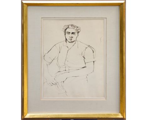 *John Minton (1917 - 1957), pen and ink sketch - portrait of a young man, in glazed gilt frame, 37cm x 27cm, together with tw