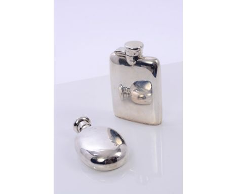 Small Edwardian silver spirit flask of oval form, with screw cover (Birmingham 1904), together with another of rectangular fo